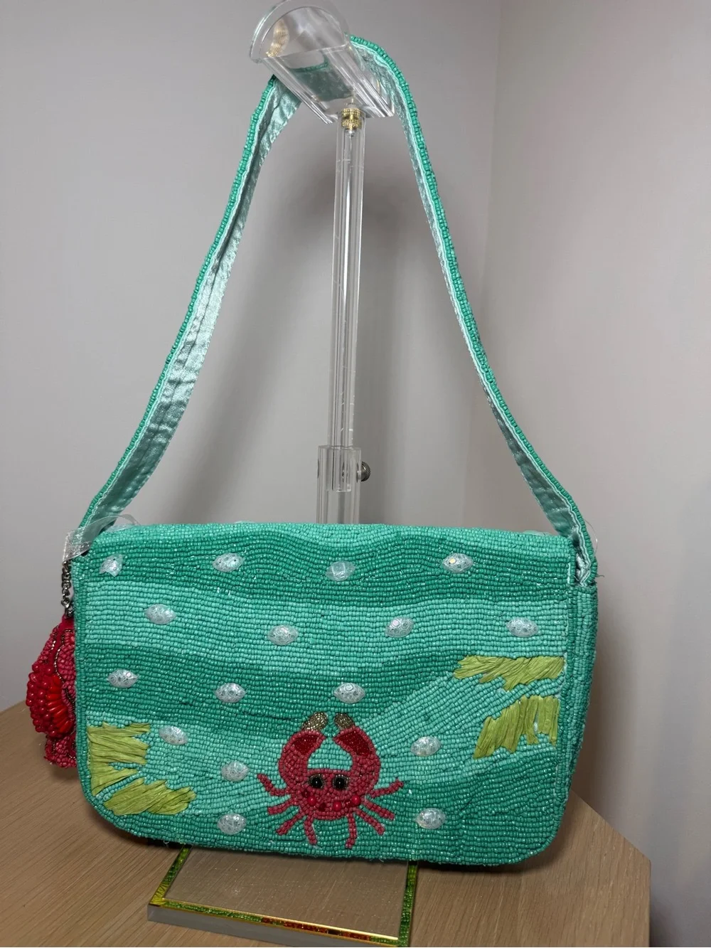 Handcrafted Mint Beaded Seahorse Shoulder Bag